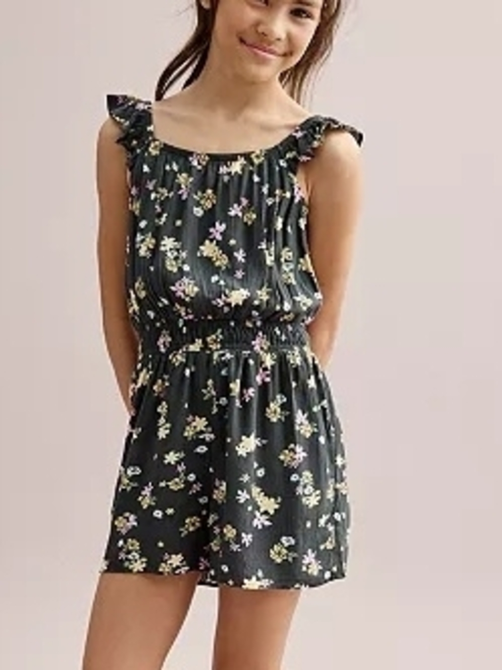 SO Black Floral Smocked Neck Romper with Yellow & Pink Accents